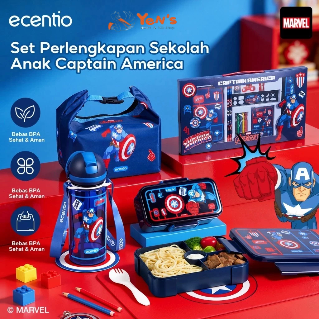 ECENTIO Lunch Box Captain America Tempat Bekal Anak Set Botol Minum Anti Bocor Dan Tumpah BPA FREE