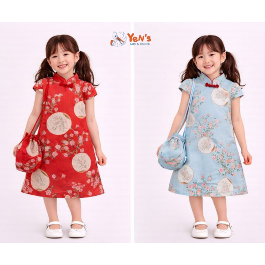 Dress Anak Perempuan Cheongsam 2 in 1 Motif Bunga Set Tas Selempang - Gaun Anak Gaya Oriental Modern Warna Merah dan Biru Lembut Elegan Nyaman Dipakai Pesta Imlek Fashion Anak Premium