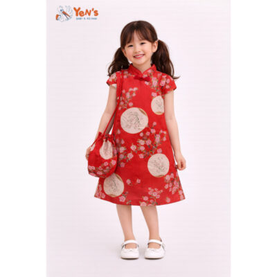 Dress Anak Perempuan Cheongsam 2 in 1 Motif Bunga Set Tas Selempang - Gaun Anak Gaya Oriental Modern Warna Merah dan Biru Lembut Elegan Nyaman Dipakai Pesta Imlek Fashion Anak Premium thumbnail 2