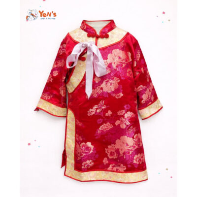 Dress Anak Perempuan Cheongsam Merah Motif Bunga Emas Elegan - Gaun Anak Gaya Oriental Tradisional Modern Detail Pita Cantik Nyaman untuk Imlek Fashion Anak Premium thumbnail 4