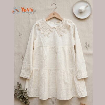 Dress Anak Perempuan Putih Vintage Kerah Renda Brokat Lengan Panjang Katun Bordir Premium