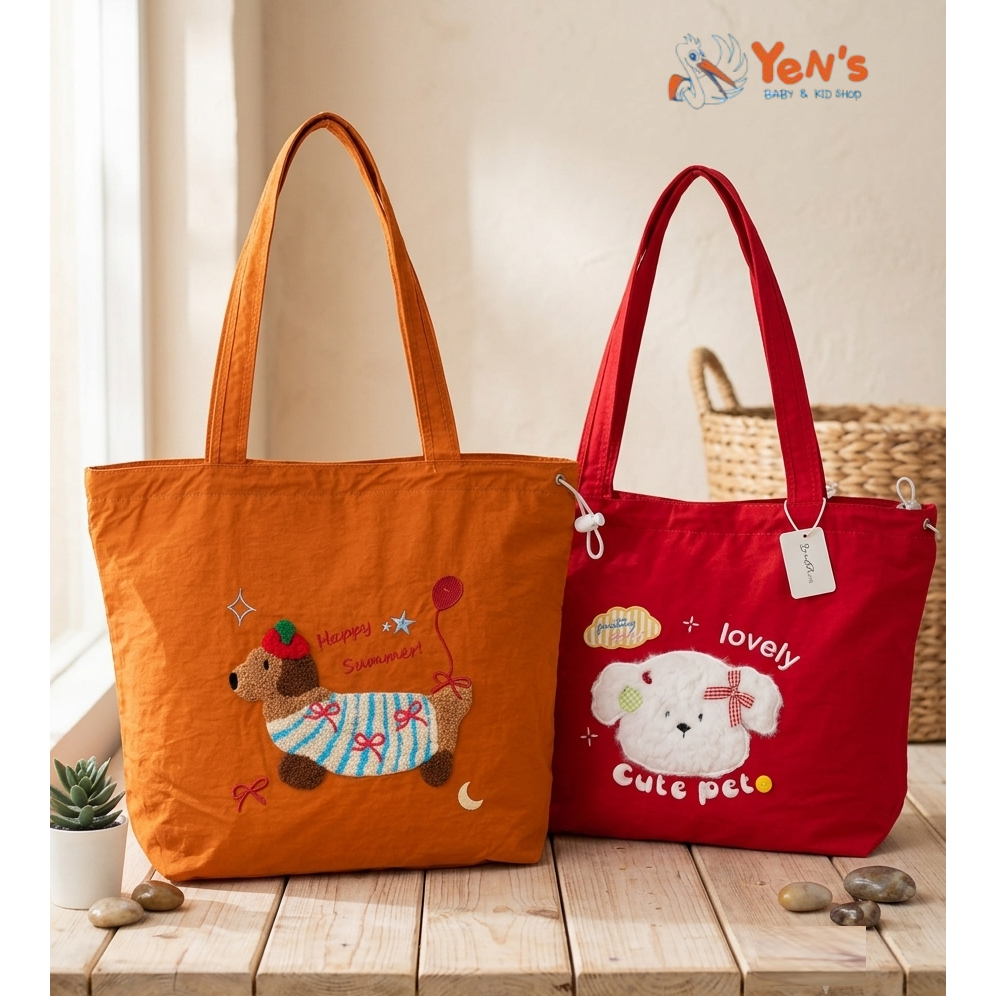Tote Bag Karakter Bordir Bulu Lucu - Tas Jinjing Kuliah Sekolah Kerja Gaya Korea Aesthetic Premium