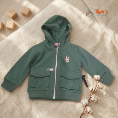 Jaket Anak Laki-Laki Perempuan Hoodie Sage Green Karakter Kelinci